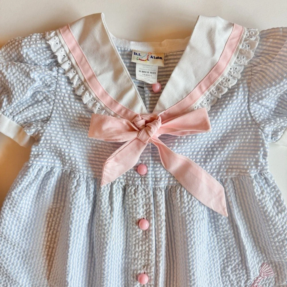 Vintage Baby Romper Seersucker Striped Sailor Suit &Hat 18m Embroidered Nautical